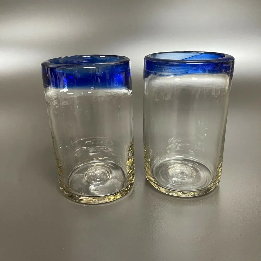 Mexico Cobalt Blue‎ Trim Clear Glass Glasses Blown 4 7/8